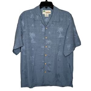 KulaKula 100% Silk Palm Tree Print  Hawaian style button up Size Small Blue
